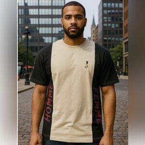 Homme + Femme Black and Cream with Pocket Charm T-Shirt